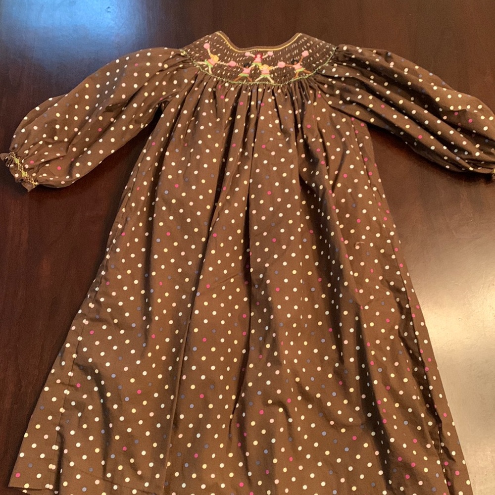 Cheerleader 6 brown polka dot smocked dress
